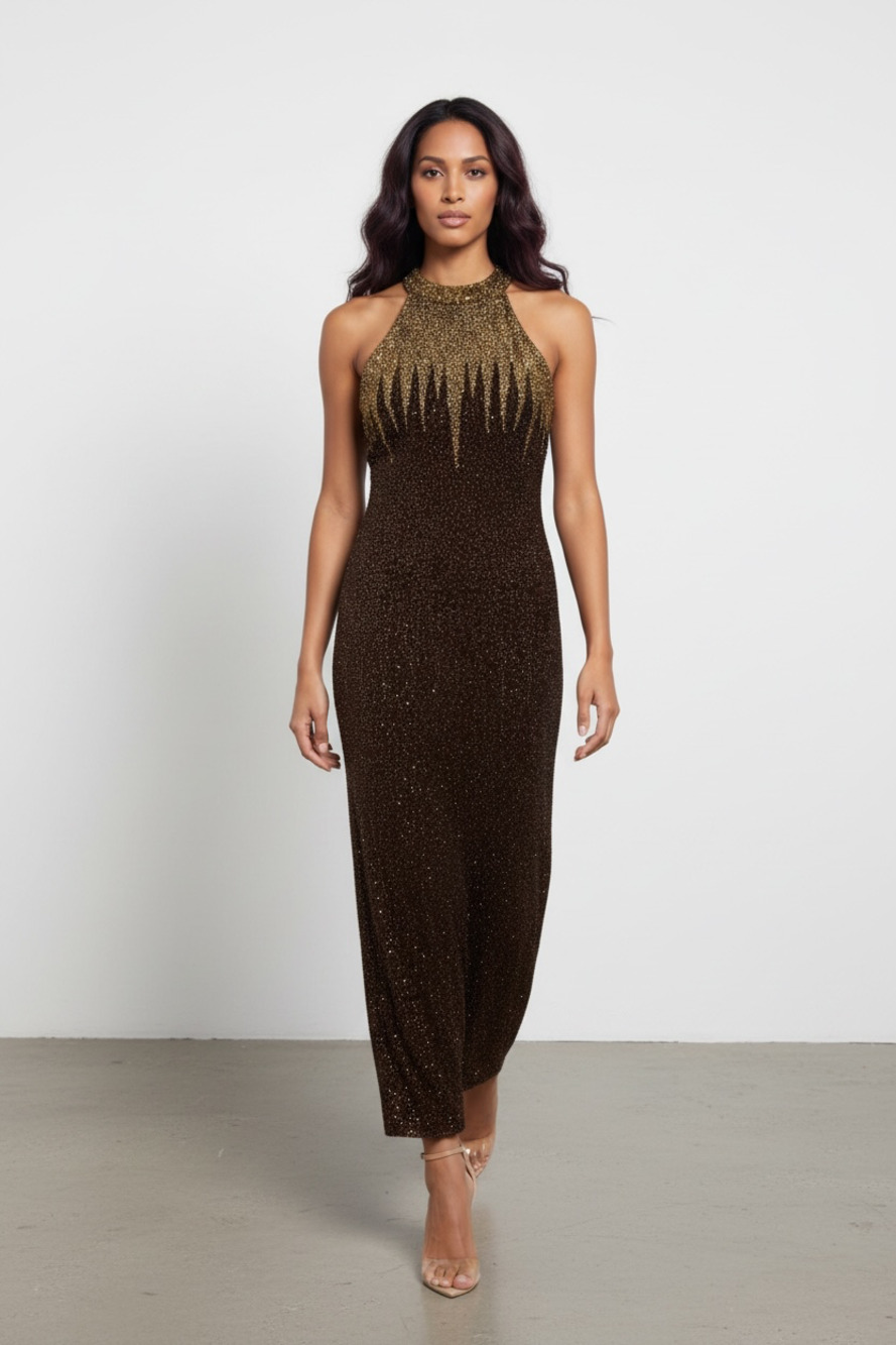 Stenay Vintage Brown Beaded Halter Evening Formal Gown Size 10